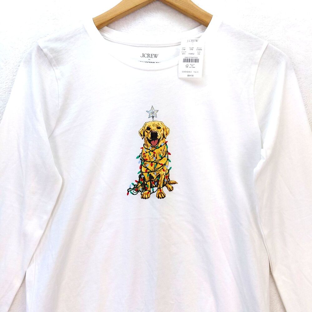 J. Crew NWT Collector Tee Shirt Women XS White Christmas Holiday Dog Graphic Top